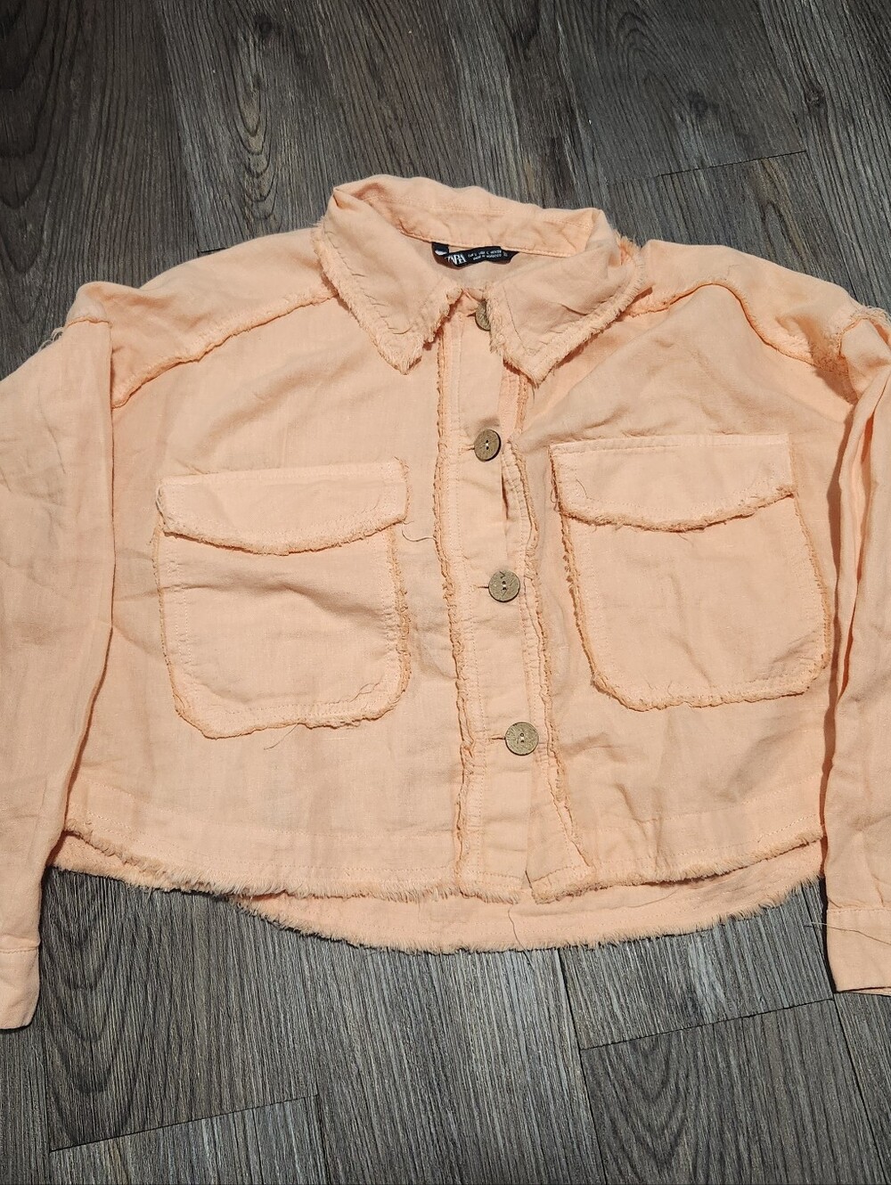Zara Light Peach Frayed-Edge Button Down Shirt